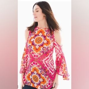 Chicos Europa Vibrant Pink Tiles Cold Shoulder Blouse, Size 0 (small)